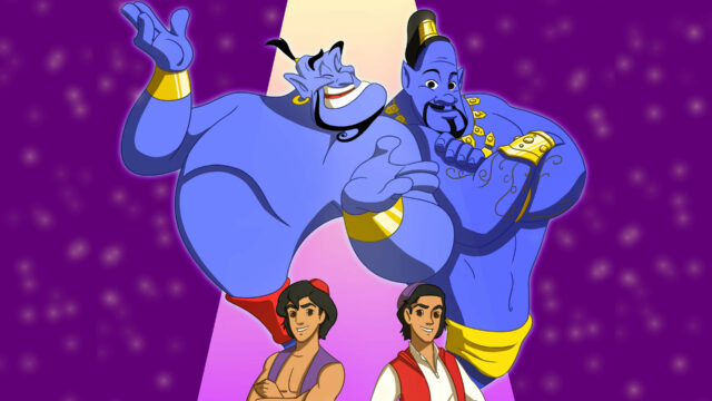 Aladdin Cartoon Wallpapers with Two Blue Genies and Aladdin Characters in Colorful Background