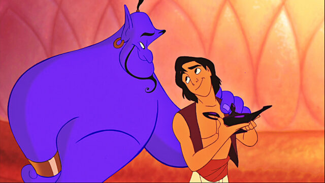 Aladdin and Genie Cartoon Wallpaper with Magic Lamp from Classic Disney Movie