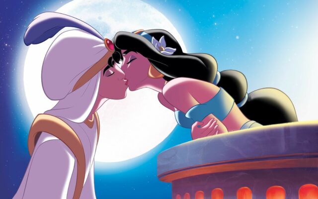Aladdin and Jasmine Romantic Kiss Under Full Moon in Aladdin Cartoon Wallpaper