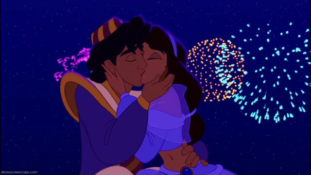 Aladdin and Jasmine Romantic Kiss with Fireworks Background Aladdin Cartoon Wallpapers