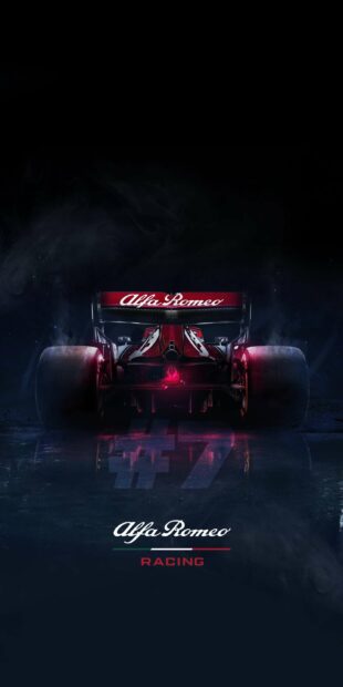 The Alfa Romeo racing Formula One car is shown from the rear with smoky atmosphere, 2K Phone Wallpaper