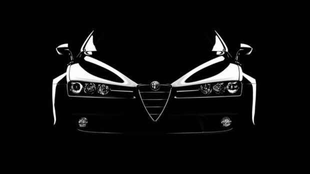 The Alfa Romeo car front is illustrated in a black and white style highlighting its distinctive grille and headlights, HD Desktop Wallpaper
