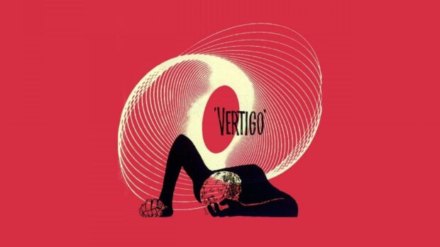 The image depicts an artistic representation of Alfred Hitchcock's Vertigo with swirling patterns, HD Desktop Wallpaper
