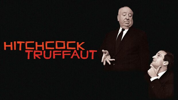 Alfred Hitchcock and François Truffaut are pictured in a black and red themed image, HD Desktop Wallpaper