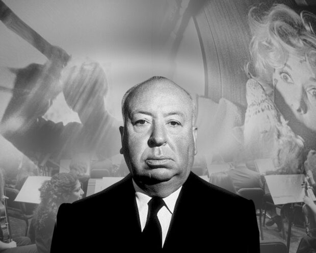 A black and white image of Alfred Hitchcock with scenes from suspense films in the background, 2K Desktop Wallpaper