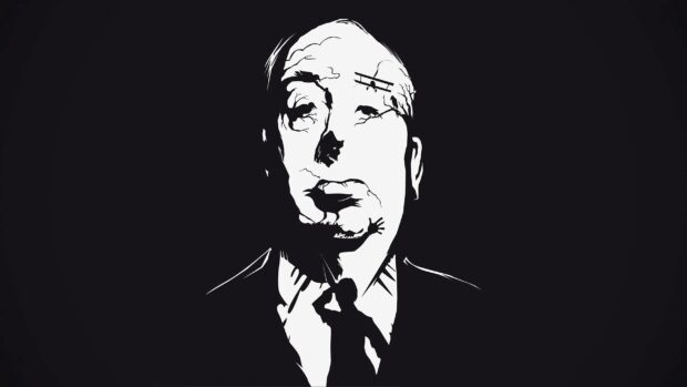 A creative illustration of Alfred Hitchcock's face with a silhouette in black and white, 2K Desktop Wallpaper