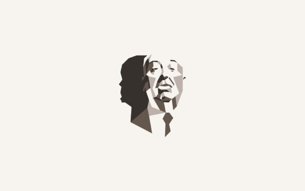 A geometric abstract illustration of Alfred Hitchcock's face with shadow, 2K Desktop Wallpaper