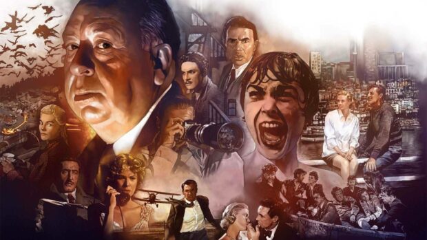 This wallpaper features iconic characters from Alfred Hitchcock's classic films in a detailed artistic collage, HD Desktop Wallpaper