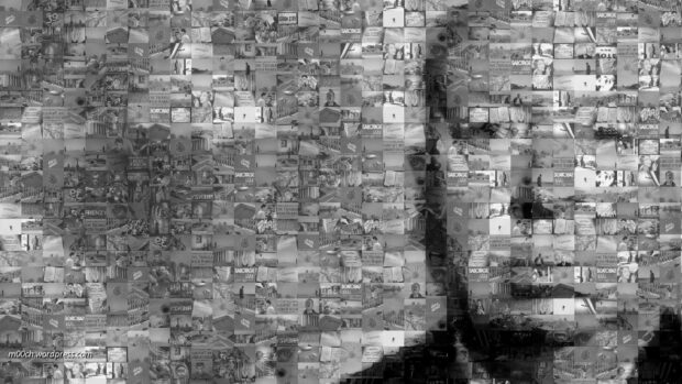 A mosaic of small black and white images forms a large portrait of Alfred Hitchcock, HD Desktop Wallpaper