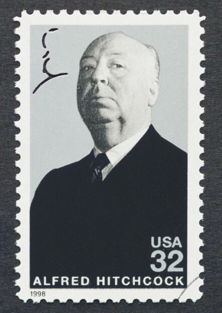 A black and white portrait stamp of Alfred Hitchcock features his serious expression and signature, HD Phone Wallpaper