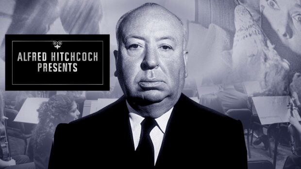 A black and white portrait of Alfred Hitchcock with an orchestra playing in the background, HD Desktop Wallpaper