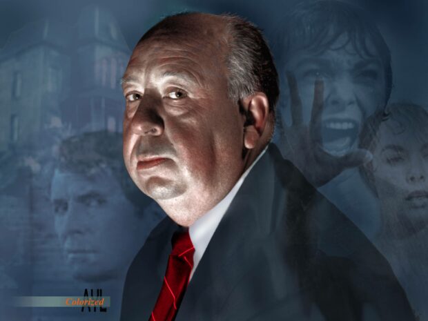 Alfred Hitchcock stands in front of a dark background featuring faces from suspenseful scenes, 2K Desktop Wallpaper