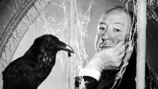 Alfred Hitchcock is sitting beside a black crow surrounded by spider webs, HD Desktop Wallpaper
