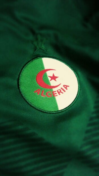 The image shows a close up of the Algeria emblem on green fabric, HD Phone Wallpaper
