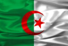 The image shows the national flag of Algeria with a green and white background and a red crescent and star in the center, HD Desktop Wallpaper