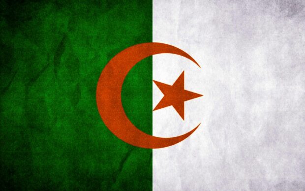 The Algeria flag features a green and white background with a red crescent and star at the center, 2K Desktop Wallpaper
