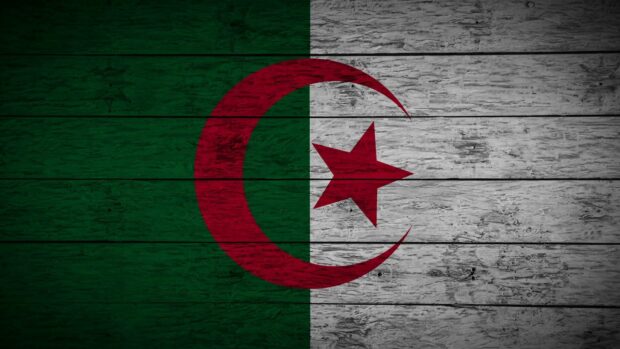The Algerian flag is displayed on a wooden textured surface showing green, white, and red crescent with star, HD Desktop Wallpaper