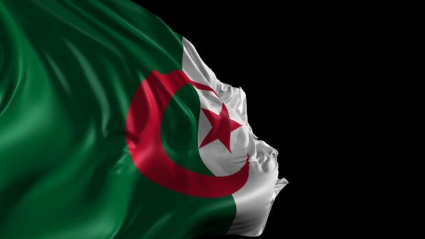 The Algeria flag with the red crescent and star waving on a black background, HD Desktop Wallpaper