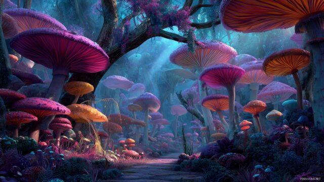 Alice Wonderland Desktop HD Wallpaper, A Dreamlike Forest With Oversized Mushrooms And Bright Colors, Capturing The Essence Of Wonderland Magic