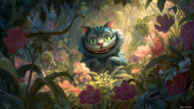 Alice Wonderland Desktop HD Wallpaper Free Download, An Illustration Of The Cheshire Cat Smiling Mischievously Amidst A Lush, Enchanting Setting