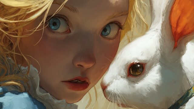 Alice Wonderland Desktop Wallpaper, A Captivating Close Up Of Alice Curious Expression As She Encounters The White Rabbit