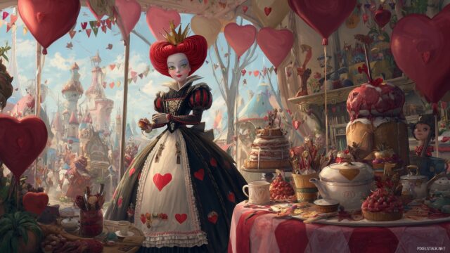 Alice Wonderland Desktop Wallpaper Full HD, A Delightful Scene Showcasing The Queen Of Hearts Amidst Her Whimsical Kingdom, Full Of Charm