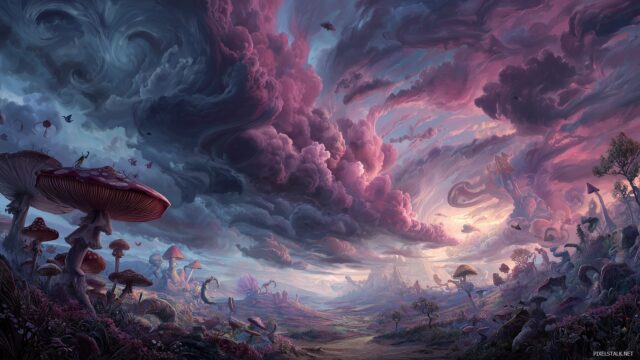 Alice Wonderland Desktop Wallpaper High Resolution, A Fantastical Landscape With Swirling Skies And Unique Creatures Inspired By Lewis Carroll Imaginative World