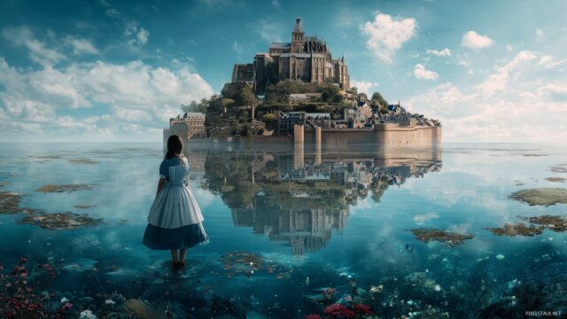 Alice Wonderland HD Wallpaper For PC, A Surreal Image Of A Floating Castle Above A Sparkling Lake, With Alice Gazing In Wonder