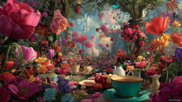 Alice Wonderland Ultra HD Desktop Wallpaper, A Vibrant Garden Filled With Colorful Flowers, Teacups, And Playful Characters From The Story