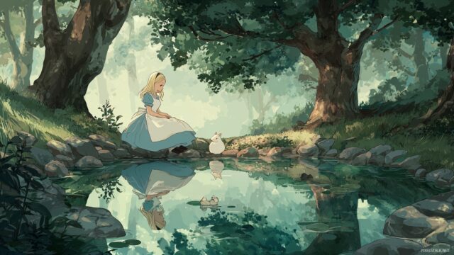 Alice Wonderland Wallpaper, A Serene Scene With Alice Sitting By A Tranquil Stream, Reflecting On Her Adventures In Wonderland