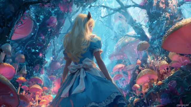 Alice Wonderland Wallpaper HD For Desktop Computer, A Vibrant Depiction Of Alice Embracing The Magic Of Wonderland, Surrounded By Enchanting Elements