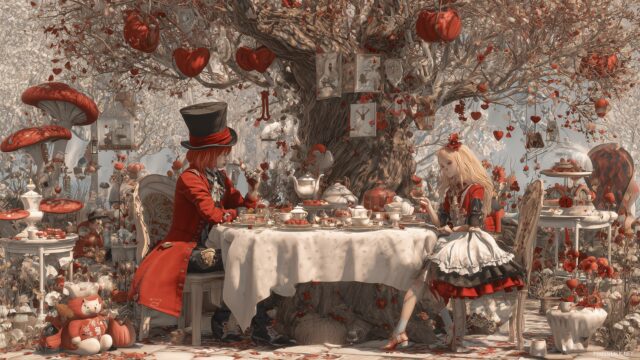 Alice Wonderland Wallpaper HD For PC, An Enchanting Tea Party Scene Featuring Alice And The Mad Hatter Under A Tree, Surrounded By Whimsical Decorations