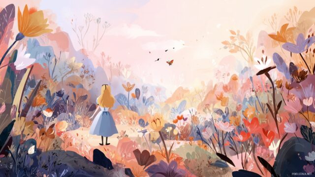 Alice Wonderland Wallpaper For Mac, A Soft And Dreamy Illustration Of Alice Exploring A Magical Meadow Filled With Colorful Flora And Fauna