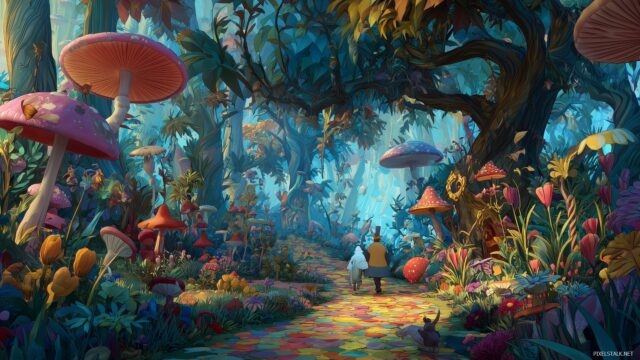 Alice Wonderland Wallpaper Free Download, A Whimsical Path Leading Through Wonderland With Characters And Elements From The Beloved Story, Inviting Exploration