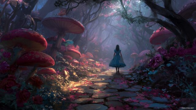 Alice Wonderland High Resolution Desktop Wallpaper, A Mystical Scene Featuring Alice Walking Through A Path Lined With Beautiful, Surreal Artwork