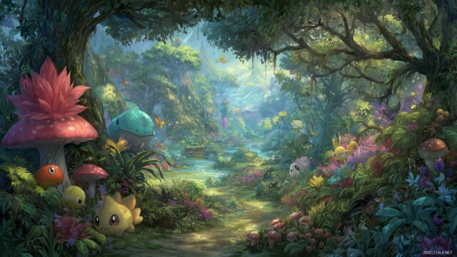 All Pokemon Background HD Desktop, A Whimsical Fairy Tale Landscape Featuring Mythical Pokemon Among Enchanted Elements, Ideal For HD Desktop