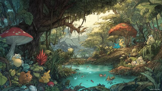 All Pokemon Background For Desktop Computer, A Detailed Jungle Scene Featuring Pokemon In Their Natural Habitat, Suited For A Desktop Computer Display