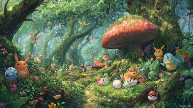 All Pokemon Background High Quality, An Enchanting Forest Scene Filled With Diverse Pokemon Characters, Perfect For A High Quality Display