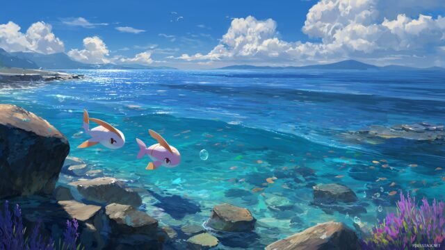 All Pokemon Desktop Wallpaper High Resolution, A Serene Ocean View With Water Pokemon Gracefully Swimming, Designed For High Resolution Enjoyment
