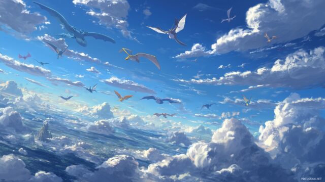 All Pokemon Wallpaper HD For PC, A Dynamic Sky Filled With Flying Pokemon Against A Backdrop Of Clouds, Optimized For HD Clarity On Your PC