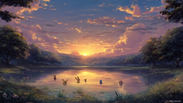 All Pokemon Wallpaper High Definition, A Beautiful Sunset View Over A Tranquil Lake With Pokemon Enjoying The Serene Setting, Perfect For High Definition