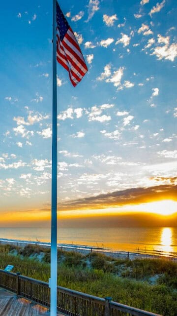 American Flag at South Carolina Beach Sunrise Scenic Wallpaper