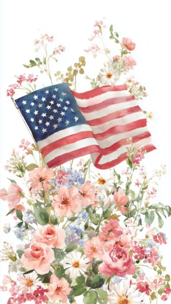 American flag artwork, a watercolor rendition of the American flag surrounded by florals, perfect for a feminine touch in a digital space.