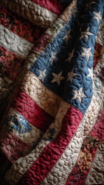 American flag wallpaper, an intricate quilt pattern made from pieces of the American flag, offering a cozy and homely screen background.