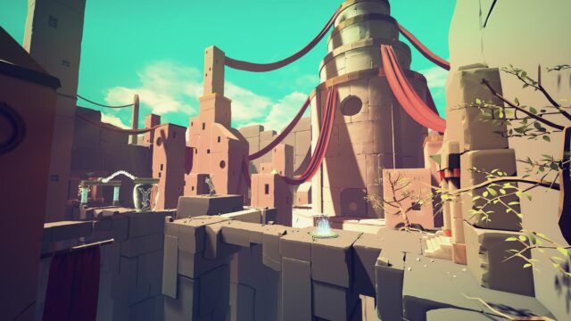 Ancient Puzzle Game Environment with Stone Structures and Blue Sky Wallpaper