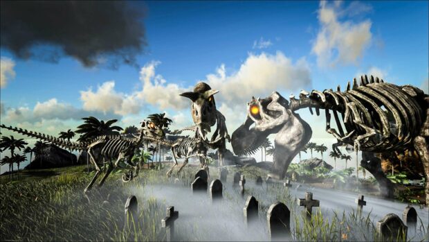 The Ark Survival Evolved wallpaper shows glowing eyed dinosaur skeletons among gravestones with morning mist, HD Desktop Wallpaper PC Wallpaper