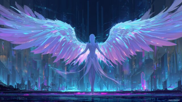 Angel desktop wallpaper HD, a futuristic angel with glowing wings soaring through a neon lit sky, blending elements of fantasy and technology.