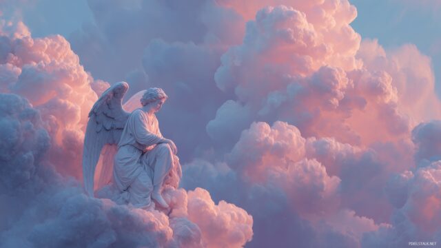 Angel desktop wallpaper HD, an enchanting angel resting among clouds, with a soft pastel color palette.