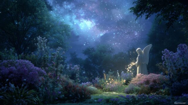 Angel desktop wallpaper HD backgrounds, a dreamy vision of a peaceful garden with an angel tending to flowers under a shimmering starlit sky, invoking a sense of calmness.