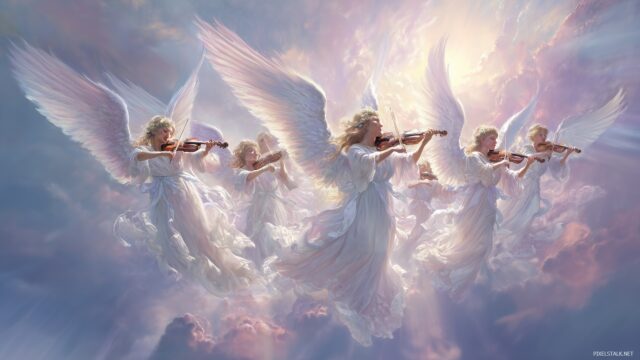 Angel desktop wallpaper HD backgrounds, an ethereal scene of angels playing musical instruments in a heavenly choir, radiating joy and harmony.